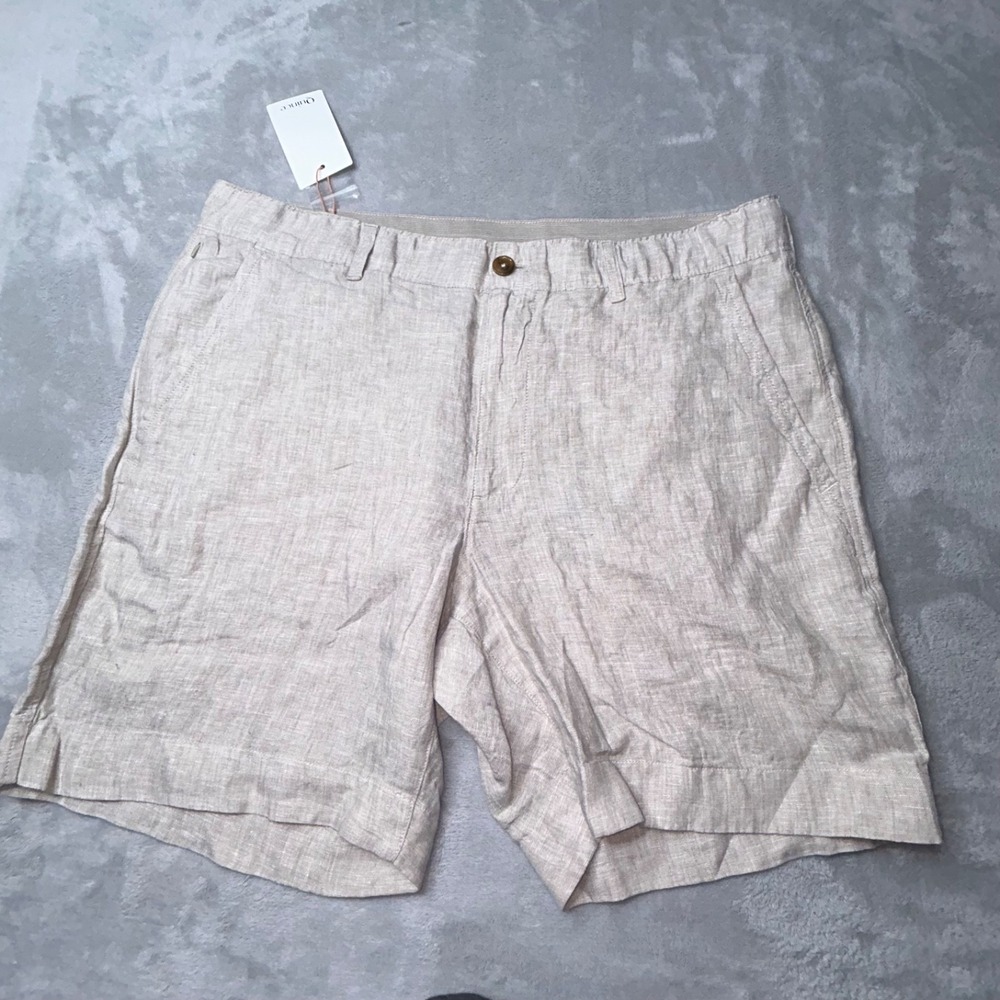 NWT Quince European Linen Short Tan  7" Large Coastal Resort Minimalist Relaxed